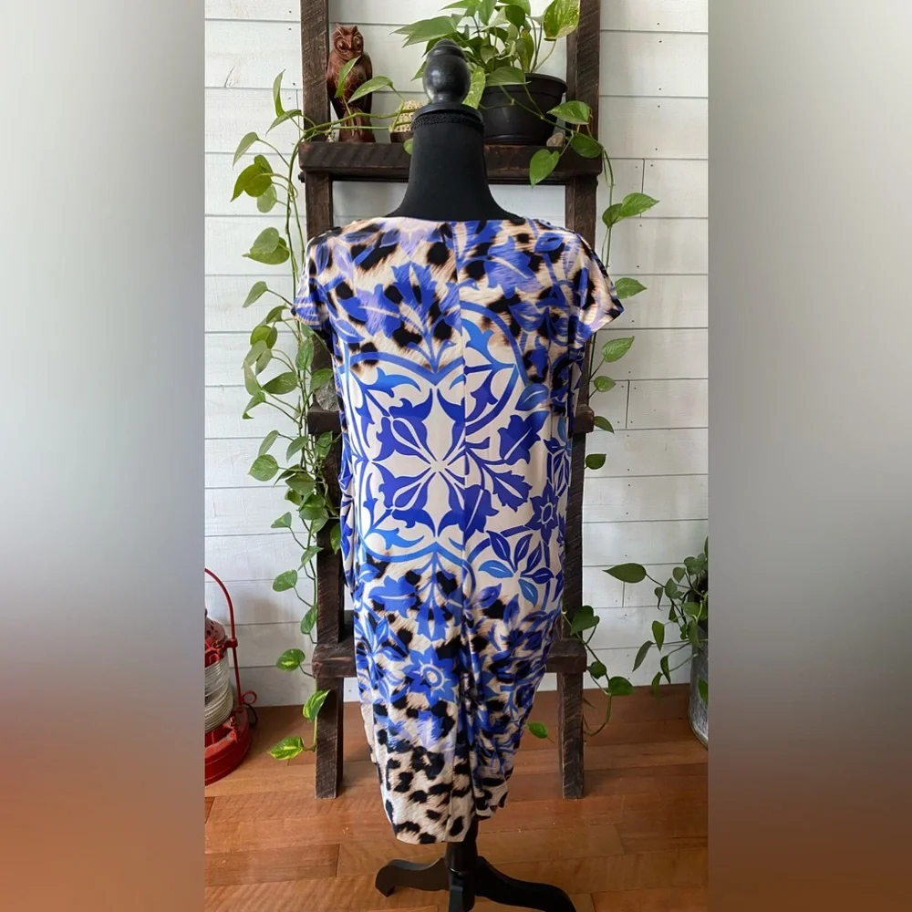 Nine West: Blue V Neck Mixed Animal and Floral Print Dress